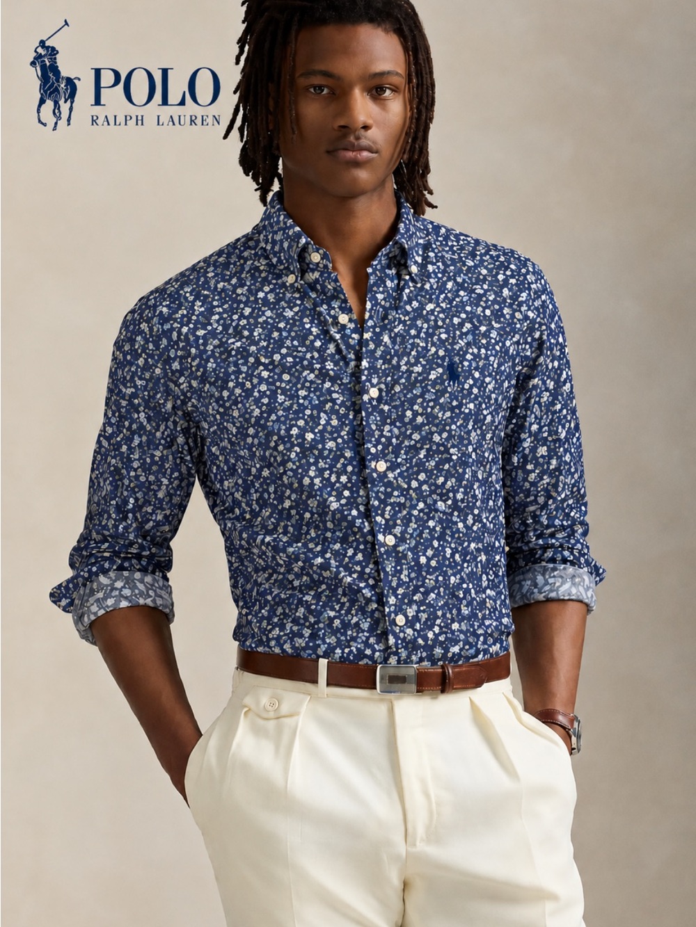 Polo Ralph Lauren Navy Blue Micro Floral Button-Down Shirt Size L